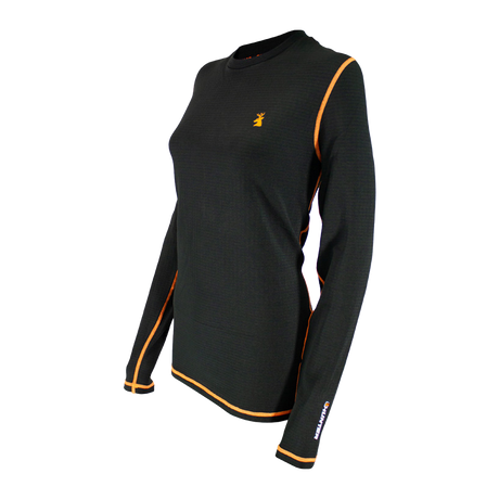 Spika ThermaFlow women's thermal top in Black, side view showing fitted cut and orange stitching