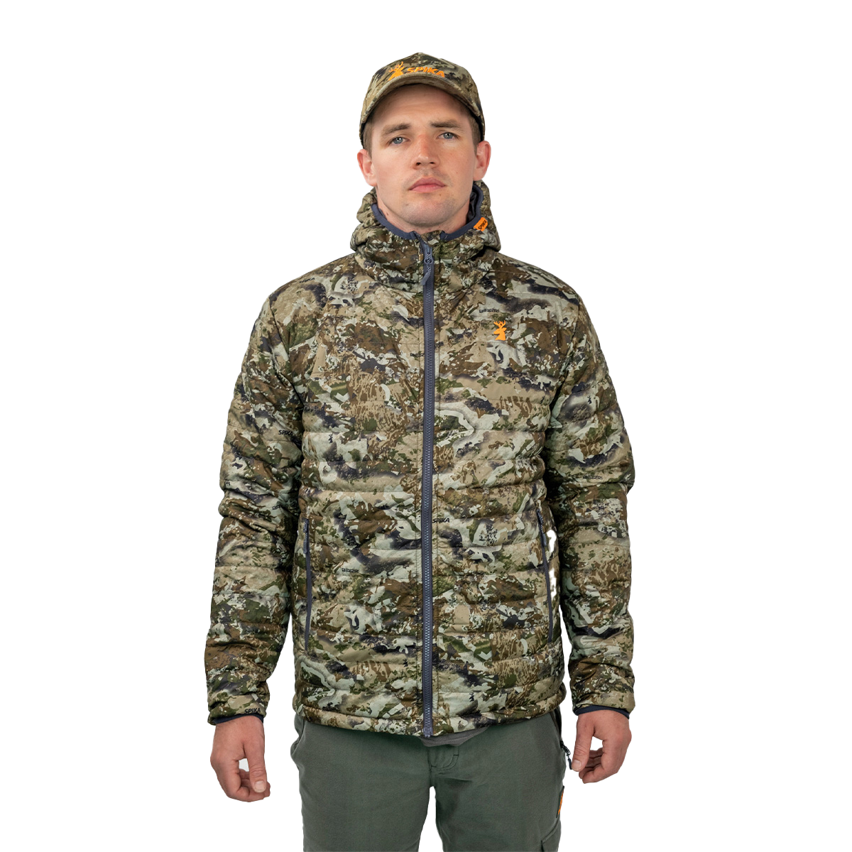 Man wearing the Spika Chase hooded puffer jacket in Biarri Camo with a camo cap, front view