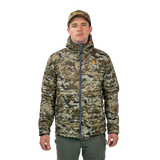 Man wearing the Spika Chase hooded puffer jacket in Biarri Camo with a camo cap, front view