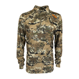 Spika Enduro men's athletic quarter-zip top in Biarri Camo with orange chest logo, front view