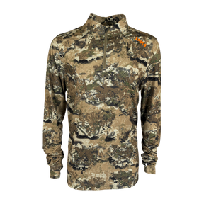 Spika Enduro men's athletic quarter-zip top in Biarri Camo with orange chest logo, front view
