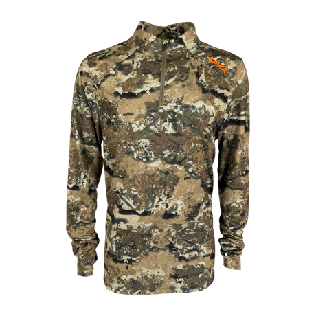 Spika Enduro men's athletic quarter-zip top in Biarri Camo with orange chest logo, front view