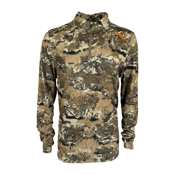 Spika Enduro men's athletic quarter-zip top in Biarri Camo with orange chest logo, front view