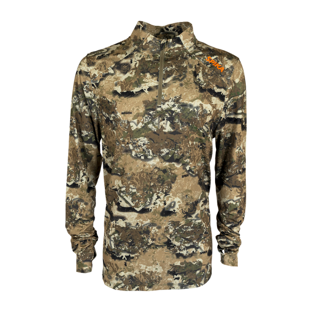 Spika Enduro men's athletic quarter-zip top in Biarri Camo with orange chest logo, front view