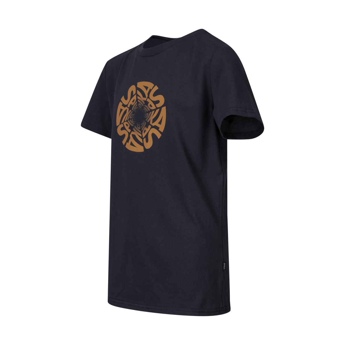 Spika GO Seeker kids' navy T-shirt, three-quarter side view with orange SPIKA swirl print