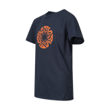 Spika GO Seeker kids' navy T-shirt, three-quarter side view with orange SPIKA swirl print