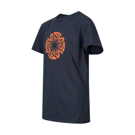 Spika GO Seeker kids' navy T-shirt, three-quarter side view with orange SPIKA swirl print