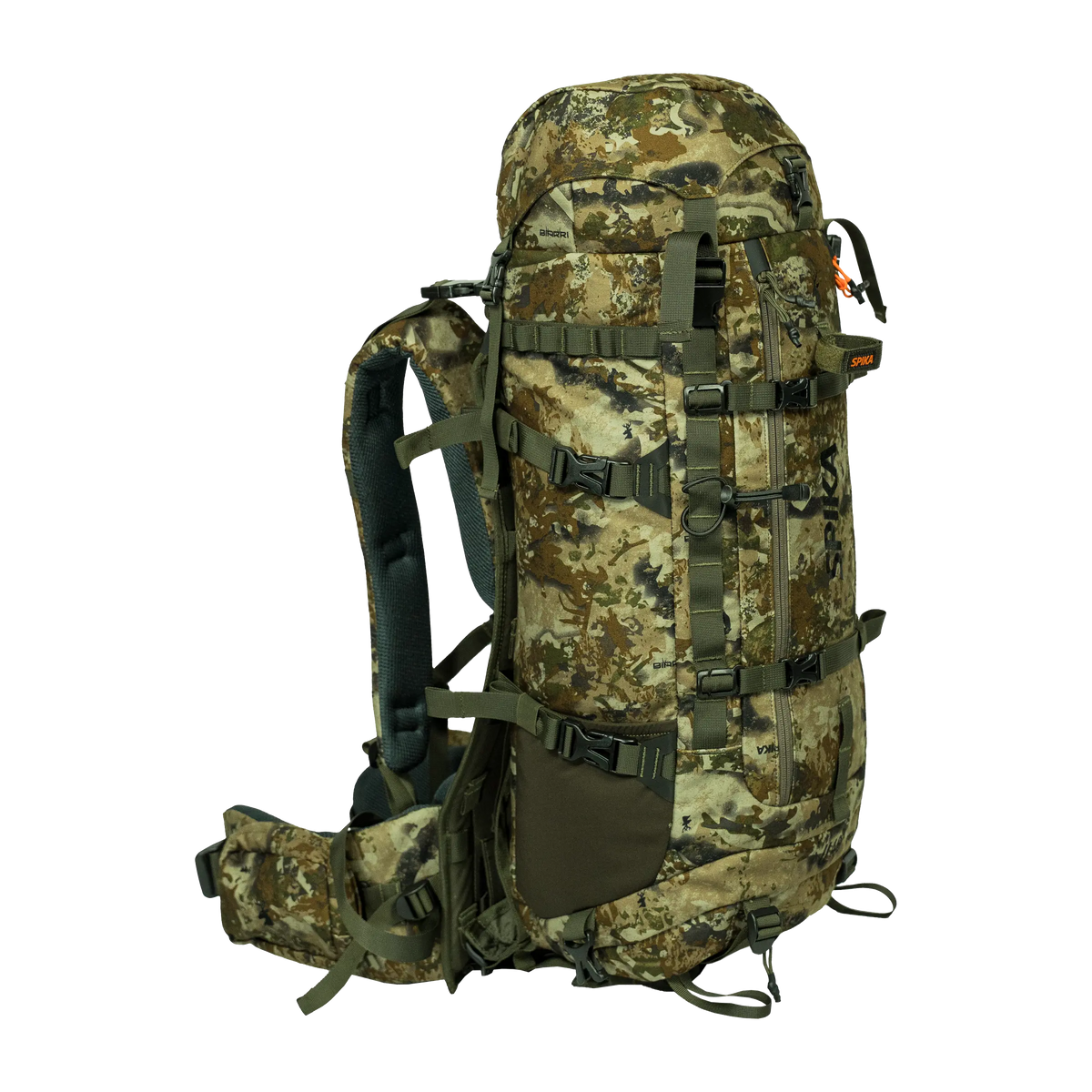 Spika Drover II Hauler 40L pack and frame in Biarri Camo, three-quarter front view with side mesh pocket