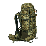 Spika Drover II Hauler 40L pack and frame in Biarri Camo, three-quarter front view with side mesh pocket