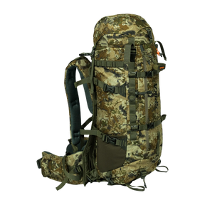 Spika Drover II Hauler 40L pack and frame in Biarri Camo, three-quarter front view with side mesh pocket