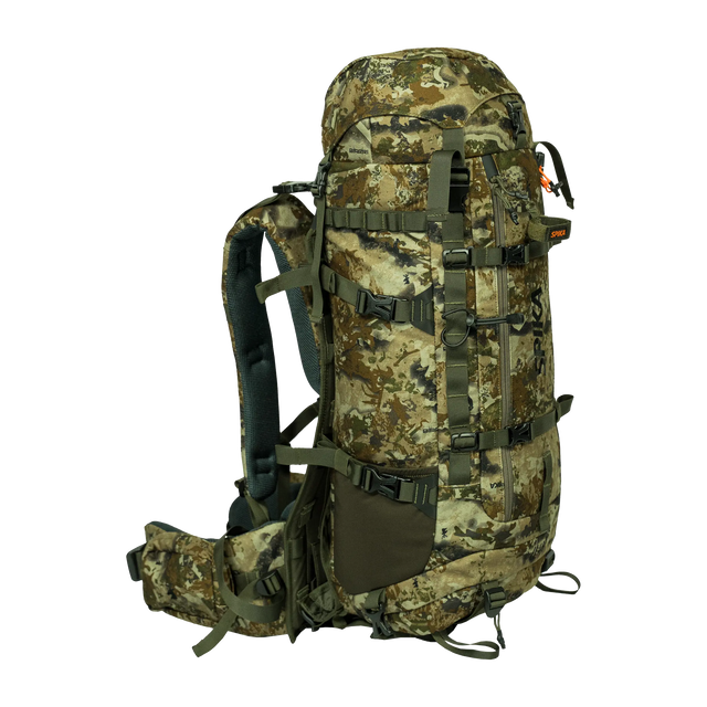 Spika Drover II Hauler 40L pack and frame in Biarri Camo, three-quarter front view with side mesh pocket