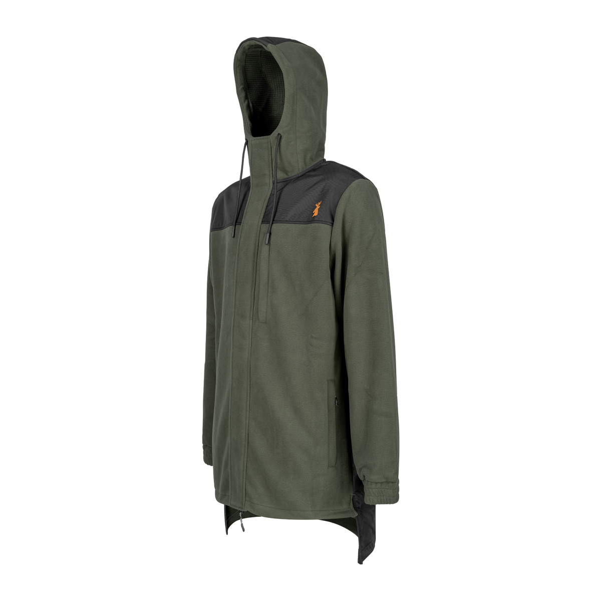 Spika Highpoint men's zip-through jacket in Olive, three-quarter view with hood and drop tail
