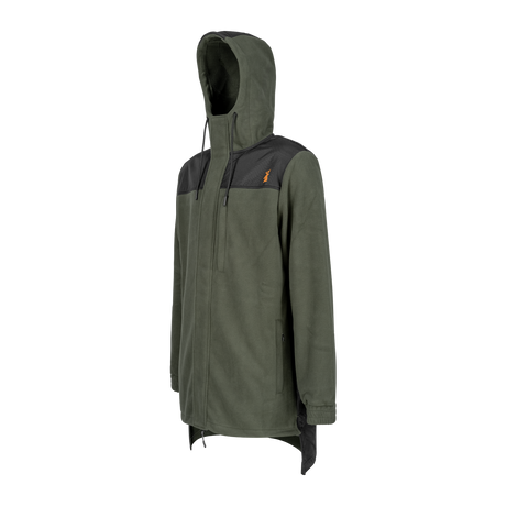 Spika Highpoint men's zip-through jacket in Olive, three-quarter view with hood and drop tail