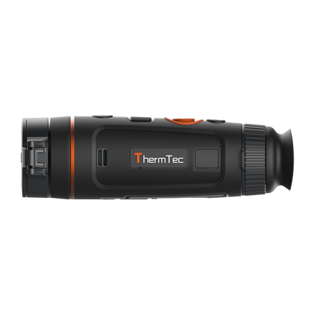 ThermTec Wild 635 thermal monocular, side profile showing the ThermTec logo and lens end