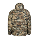 Spika Hideout men's packable puffer jacket in Biarri Camo, back view of quilted panels and hood