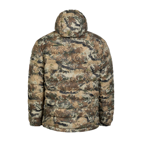 Spika Hideout men's packable puffer jacket in Biarri Camo, back view of quilted panels and hood