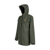 Spika Scout men's hunting jacket in Olive, three-quarter view with hood and stag chest logo