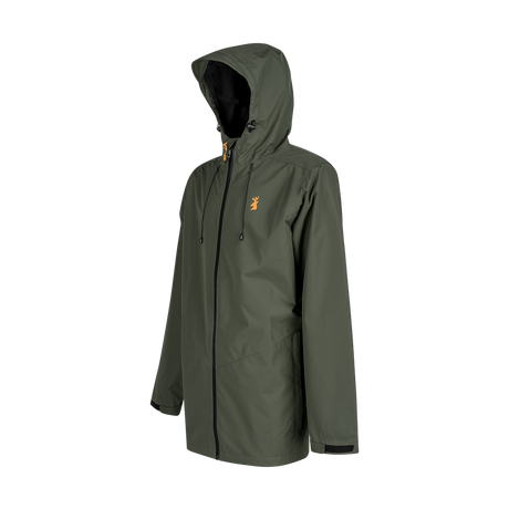 Spika Scout men's hunting jacket in Olive, three-quarter view with hood and stag chest logo