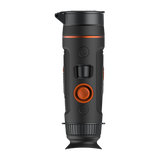ThermTec Wild 335L thermal monocular, top view of orange control button, scroll wheel and eyecup