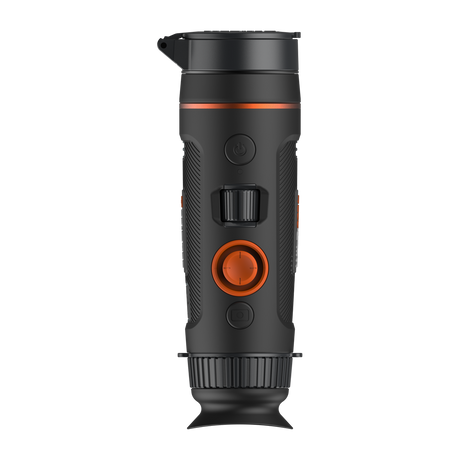 ThermTec Wild 335L thermal monocular, top view of orange control button, scroll wheel and eyecup