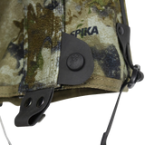 Spika Ranger adult gaiter in Biarri Camo, close-up of the lower edge with lace hook and wire