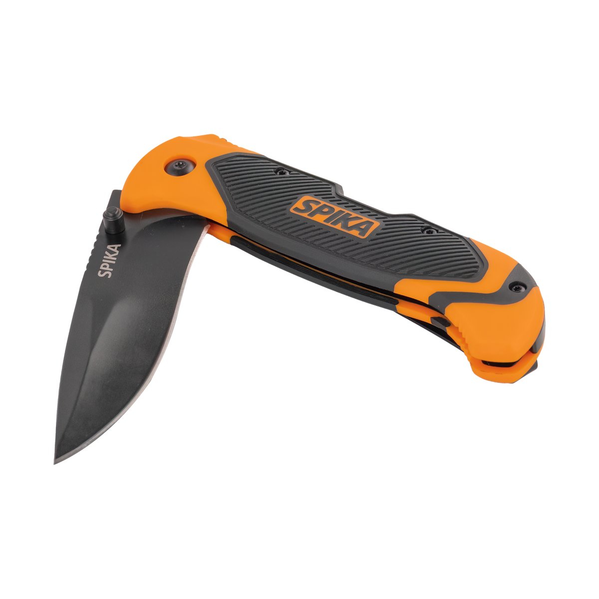Spika Challenger lock back knife half opened, showing black blade and textured orange grip