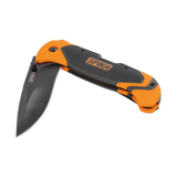 Spika Challenger lock back knife half opened, showing black blade and textured orange grip