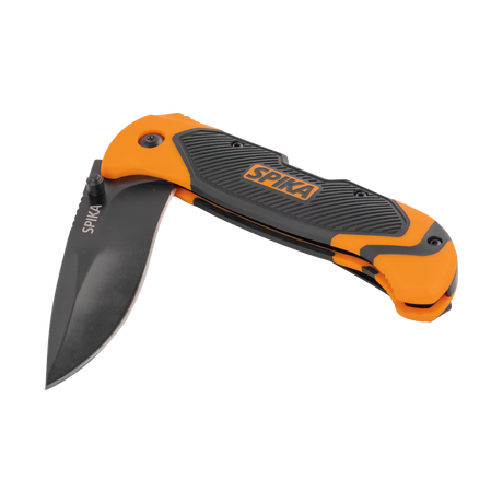 Spika Challenger lock back knife half opened, showing black blade and textured orange grip