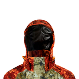 Spika Valley kids' jacket in Biarri Camo/Blaze, close-up of the blaze orange hood and drawcord toggles