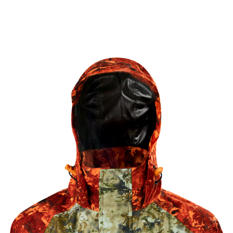 Spika Valley kids' jacket in Biarri Camo/Blaze, close-up of the blaze orange hood and drawcord toggles
