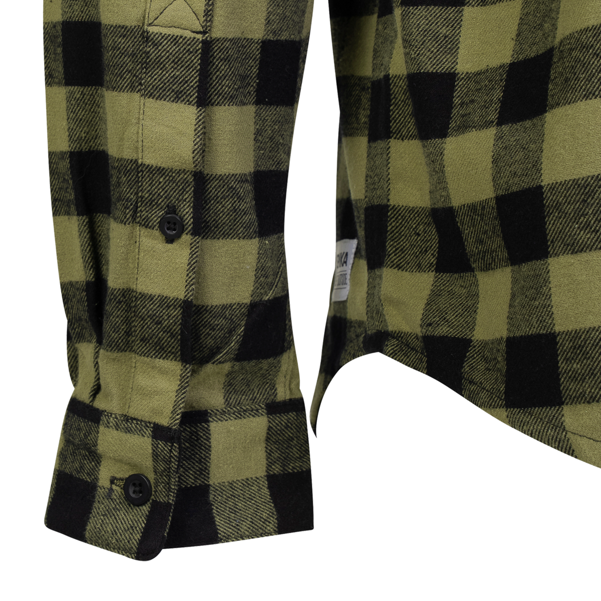 Spika men's Moss Green flannel shirt close-up of the buttoned cuff, curved hem and woven tag