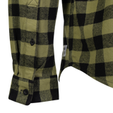 Spika men's Moss Green flannel shirt close-up of the buttoned cuff, curved hem and woven tag