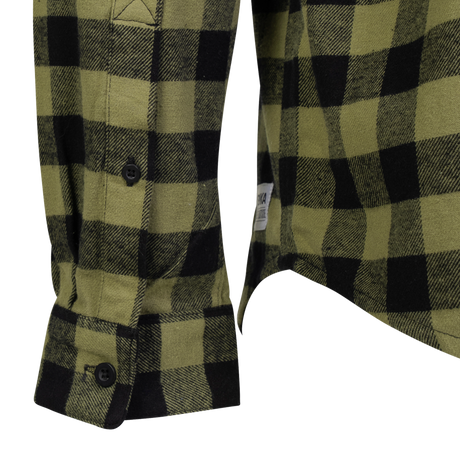 Spika men's Moss Green flannel shirt close-up of the buttoned cuff, curved hem and woven tag