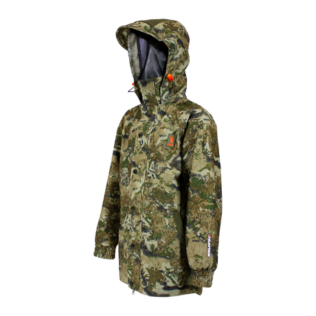 Spika Valley kids' hunting jacket in Biarri Camo, three-quarter view with hood up and orange toggles