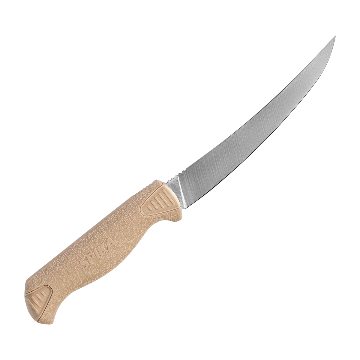Spika Fieldcraft Cervitaur curved boning knife, reverse side view with Spika moulded on the tan handle