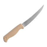 Spika Fieldcraft Cervitaur curved boning knife, reverse side view with Spika moulded on the tan handle