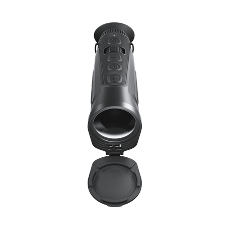 ThermTec Cyclops 335L 3.0 thermal monocular, front end-on view of objective lens with cap open