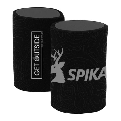 Two Spika stubby holders in black with grey Spika stag logo and Get Outside print