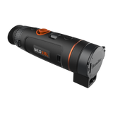 ThermTec Wild 335L thermal monocular, front three-quarter view with lens cap closed and rangefinder