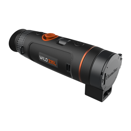 ThermTec Wild 335L thermal monocular, front three-quarter view with lens cap closed and rangefinder