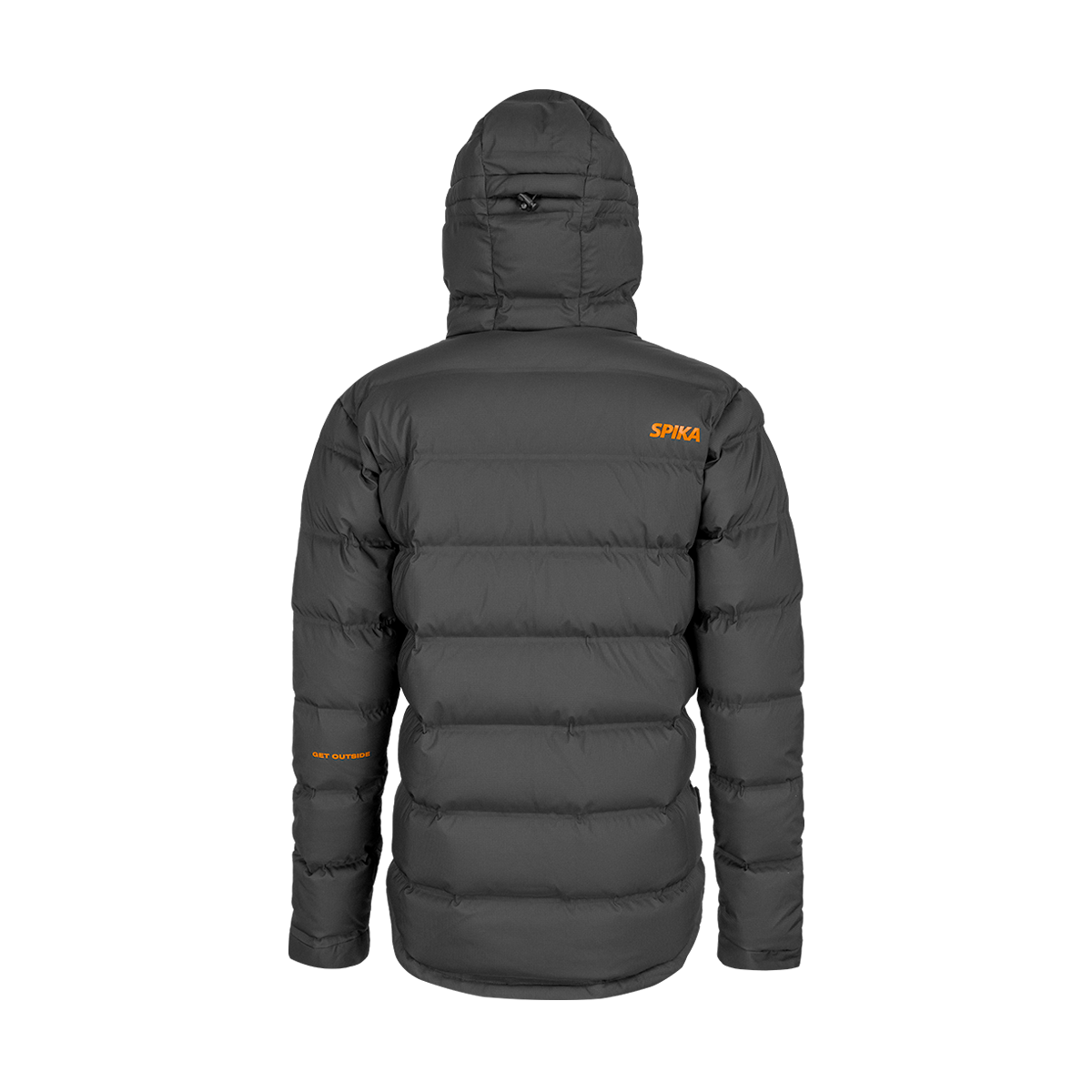 Spika Terra men's puffer jacket in Black, back view with orange Spika shoulder logo