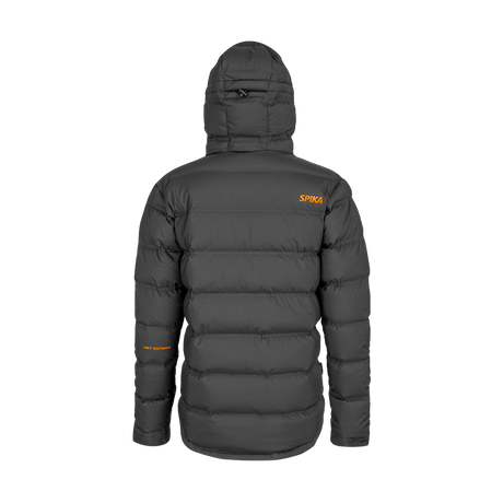 Spika Terra men's puffer jacket in Black, back view with orange Spika shoulder logo