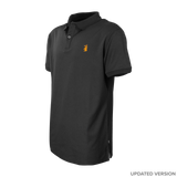 Spika GO Casual men's black polo, updated version three-quarter view with orange stag chest logo