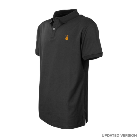 Spika GO Casual men's black polo, updated version three-quarter view with orange stag chest logo
