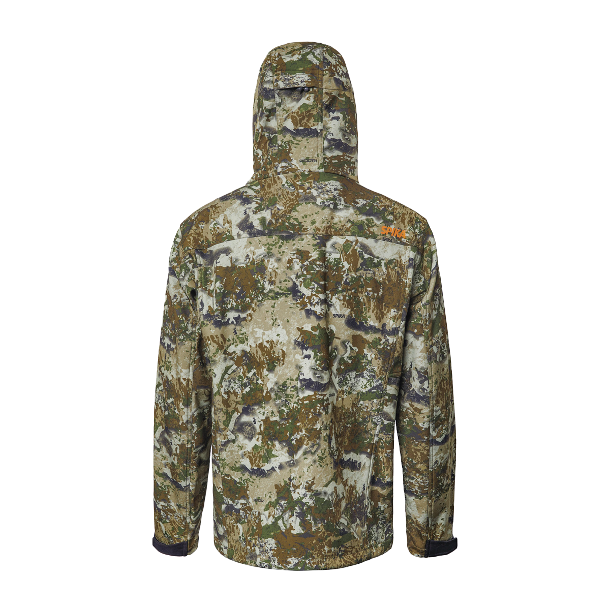 Spika Highpoint men's shell hunting jacket in Biarri Camo, back view with hood and Spika logo