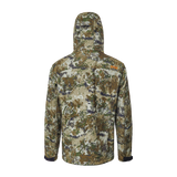 Spika Highpoint men's shell hunting jacket in Biarri Camo, back view with hood and Spika logo