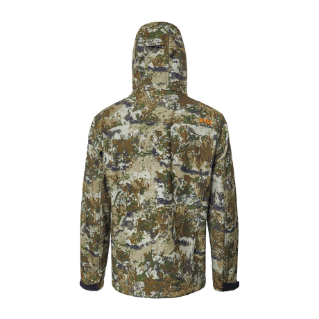 Spika Highpoint men's shell hunting jacket in Biarri Camo, back view with hood and Spika logo