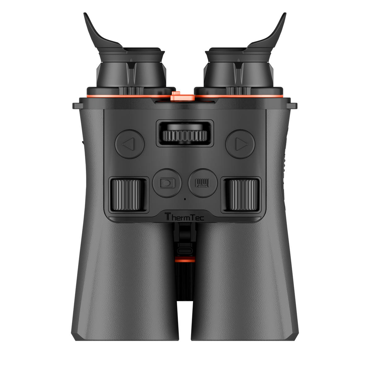 ThermTec Ventus 635L multi-spectrum binoculars, top-down view of control buttons and ThermTec logo