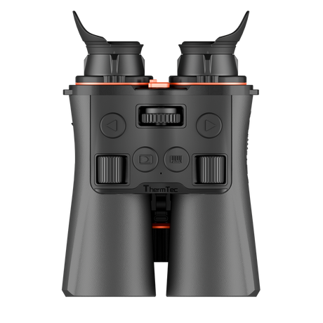 ThermTec Ventus 635L multi-spectrum binoculars, top-down view of control buttons and ThermTec logo