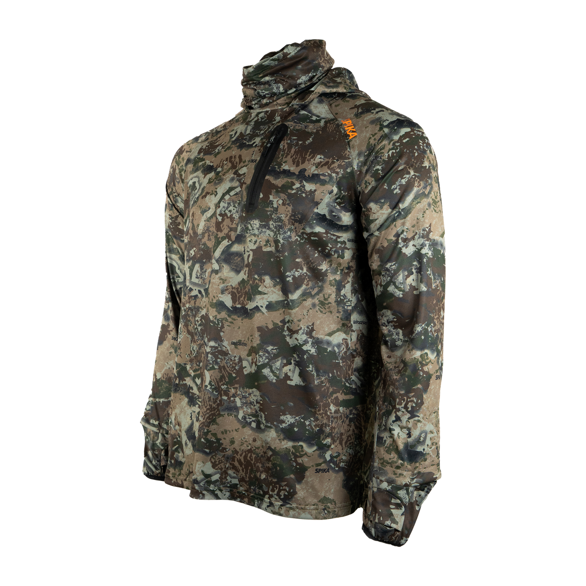 Spika Bandit men's hunting hoodie in Biarri Camo, three-quarter view with chest zip pocket